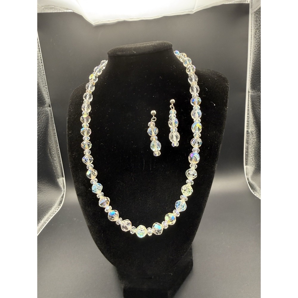 Vintage Aurora Borealis Crystal Necklace and Earrings Jewelry Set 1950s Retro